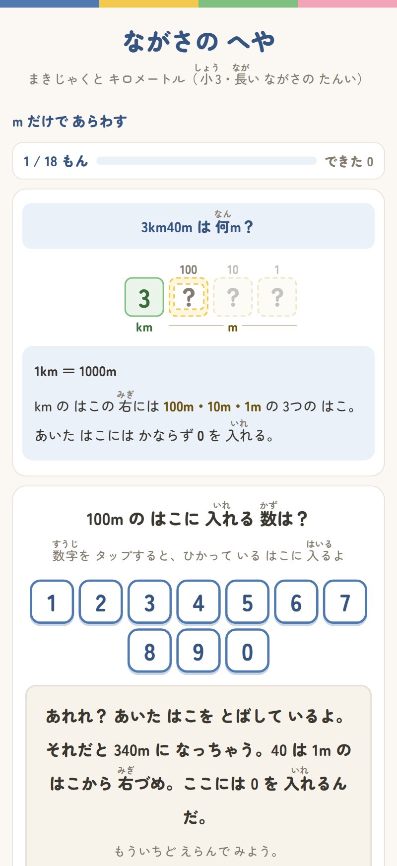 3km40m を4つのへやに入れていく画面。km のへやに 3 が入り、100m のへやが点滅しています。ここで 4 を押したので「あれれ？ あいた はこを とばして いるよ。それだと 340m に なっちゃう」と、まちがいの名前を名指しして返しています